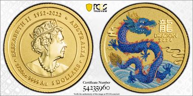 2024-P125 $5 Year of the Dragon 1/20oz Au Colorized MS70