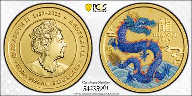 2024-P125 $5 Year of the Dragon 1/20oz Au Colorized MS70