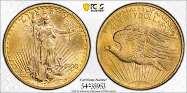 1908 $20 No Motto MS62