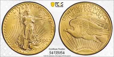 1908-D $20 Motto AU55