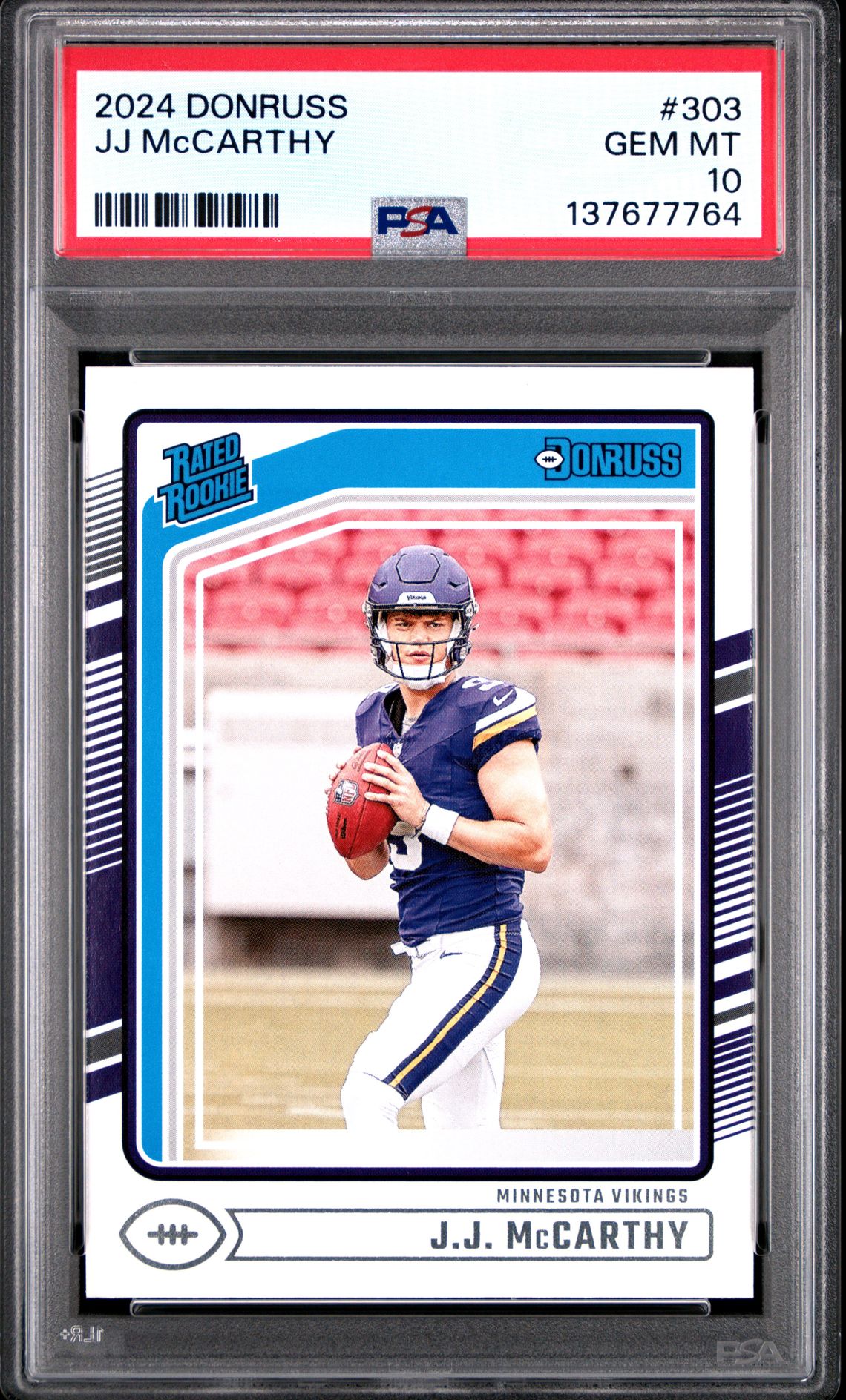 2024 Panini Donruss Jj Mccarthy #303 Gem Mt 10 front view - PSA graded GEM MT 10