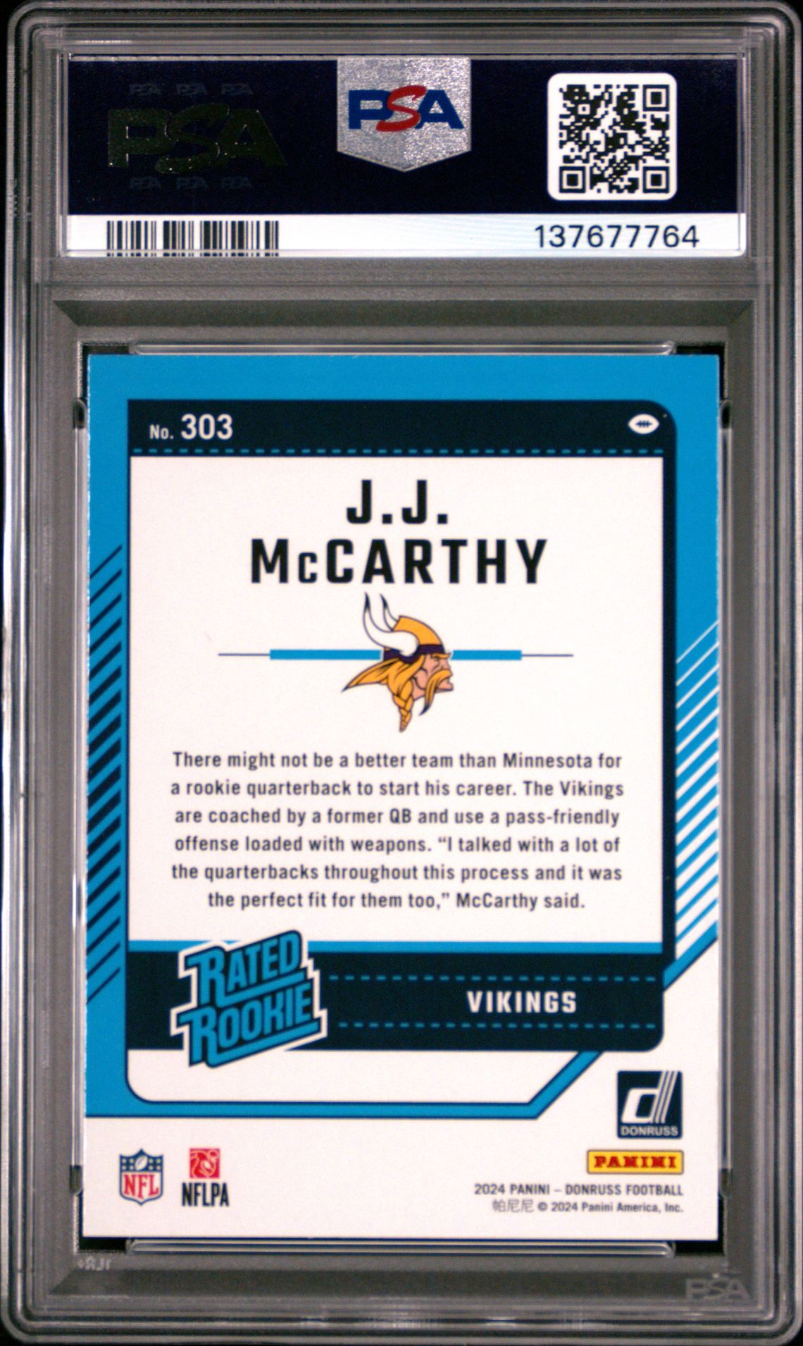 2024 Panini Donruss Jj Mccarthy #303 Gem Mt 10 back view - PSA certificate #137677764