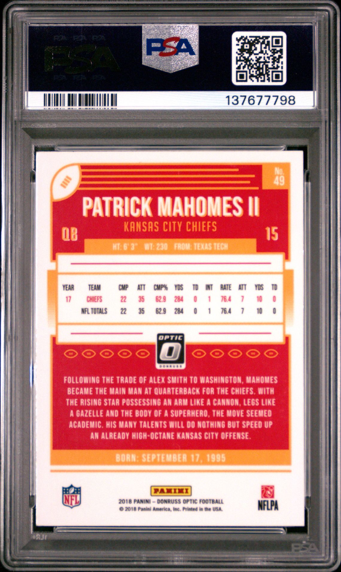 2018 Panini Donruss Optic Patrick Mahomes Ii #49 Mint 9 back