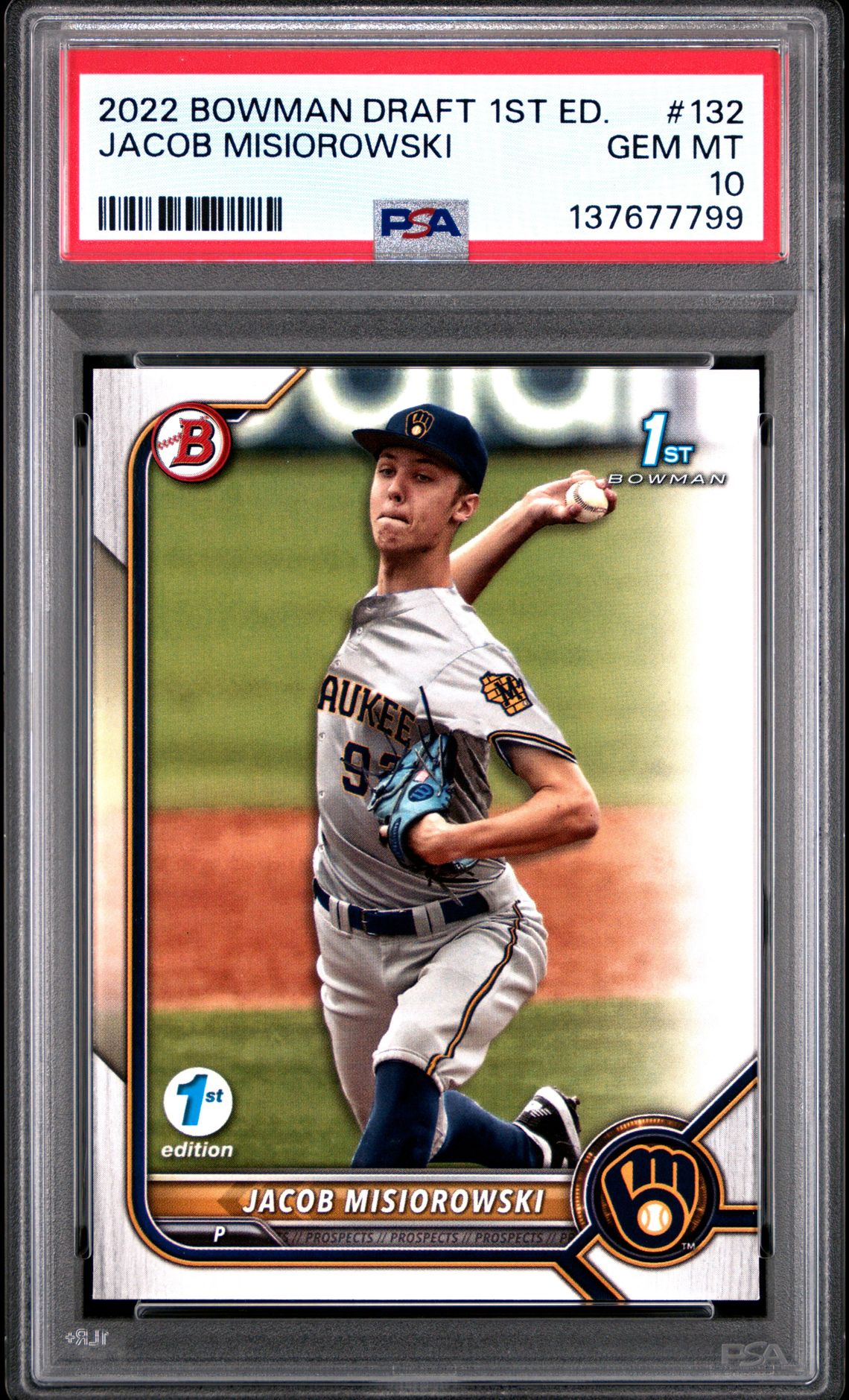 2022 Bowman Draft 1St Edition Jacob Misiorowski #132 Gem Mt 10 front view - PSA graded GEM MT 10