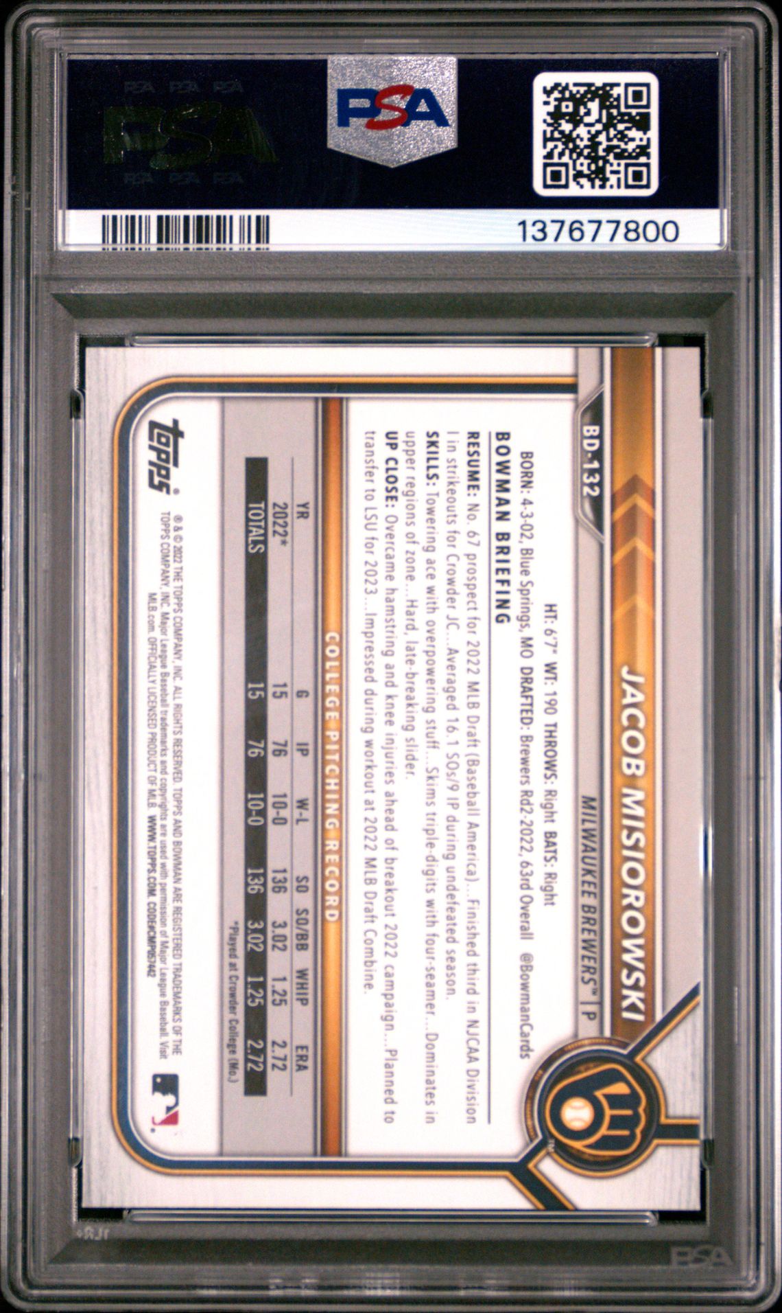 2022 Bowman Draft 1St Edition Jacob Misiorowski #132 Gem Mt 10 back view - PSA certificate #137677800