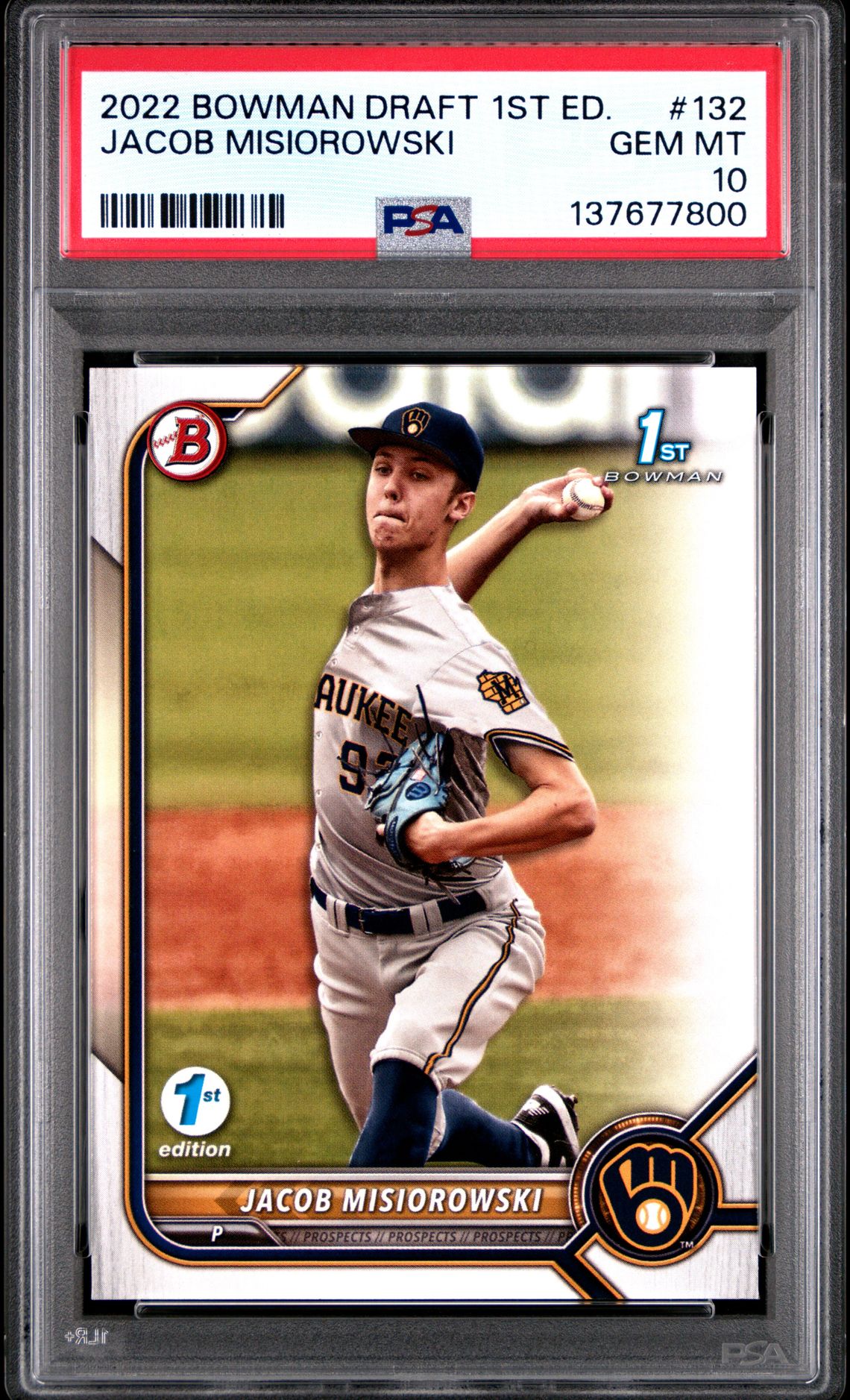 2022 Bowman Draft 1St Edition Jacob Misiorowski #132 Gem Mt 10 front view - PSA graded GEM MT 10