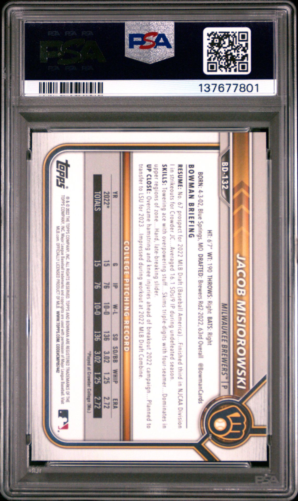 2022 Bowman Draft 1St Edition Jacob Misiorowski #132 Gem Mt 10 back view - PSA certificate #137677801