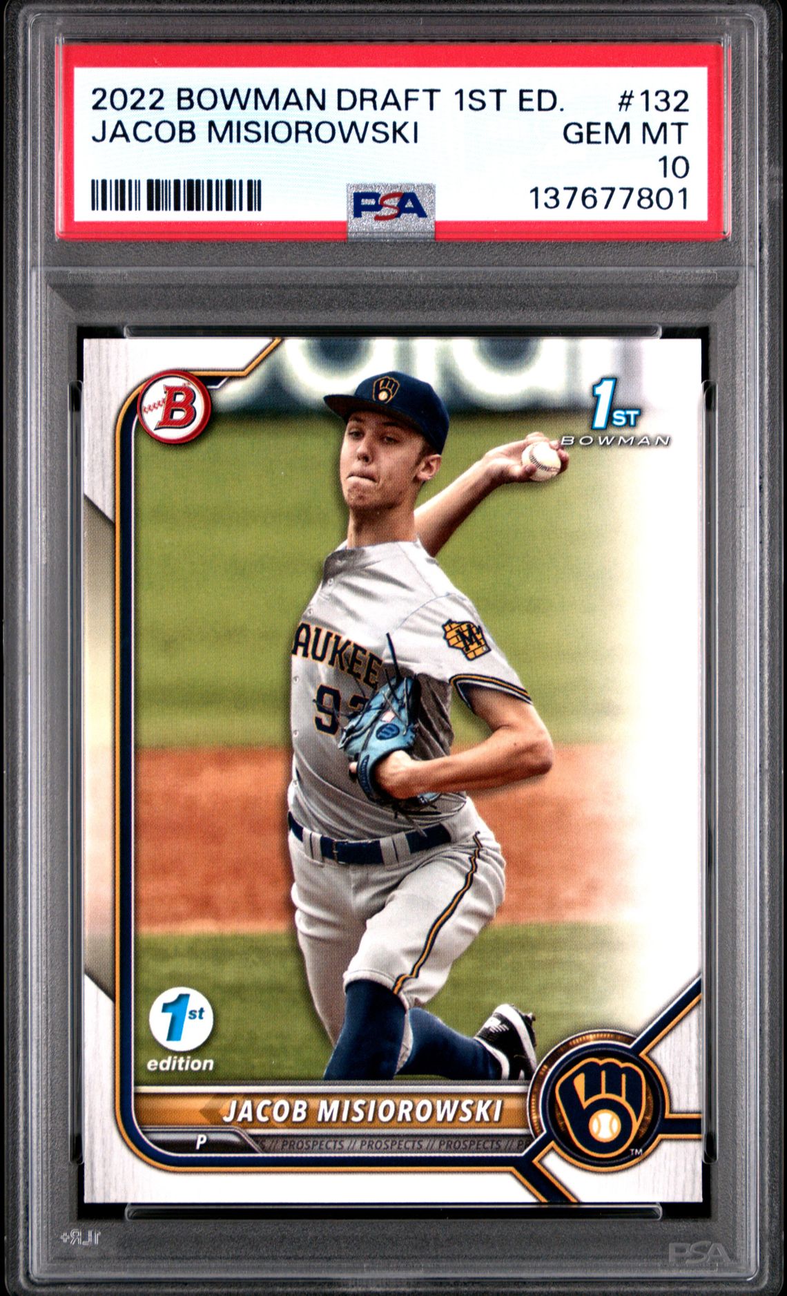 2022 Bowman Draft 1St Edition Jacob Misiorowski #132 Gem Mt 10 front view - PSA graded GEM MT 10