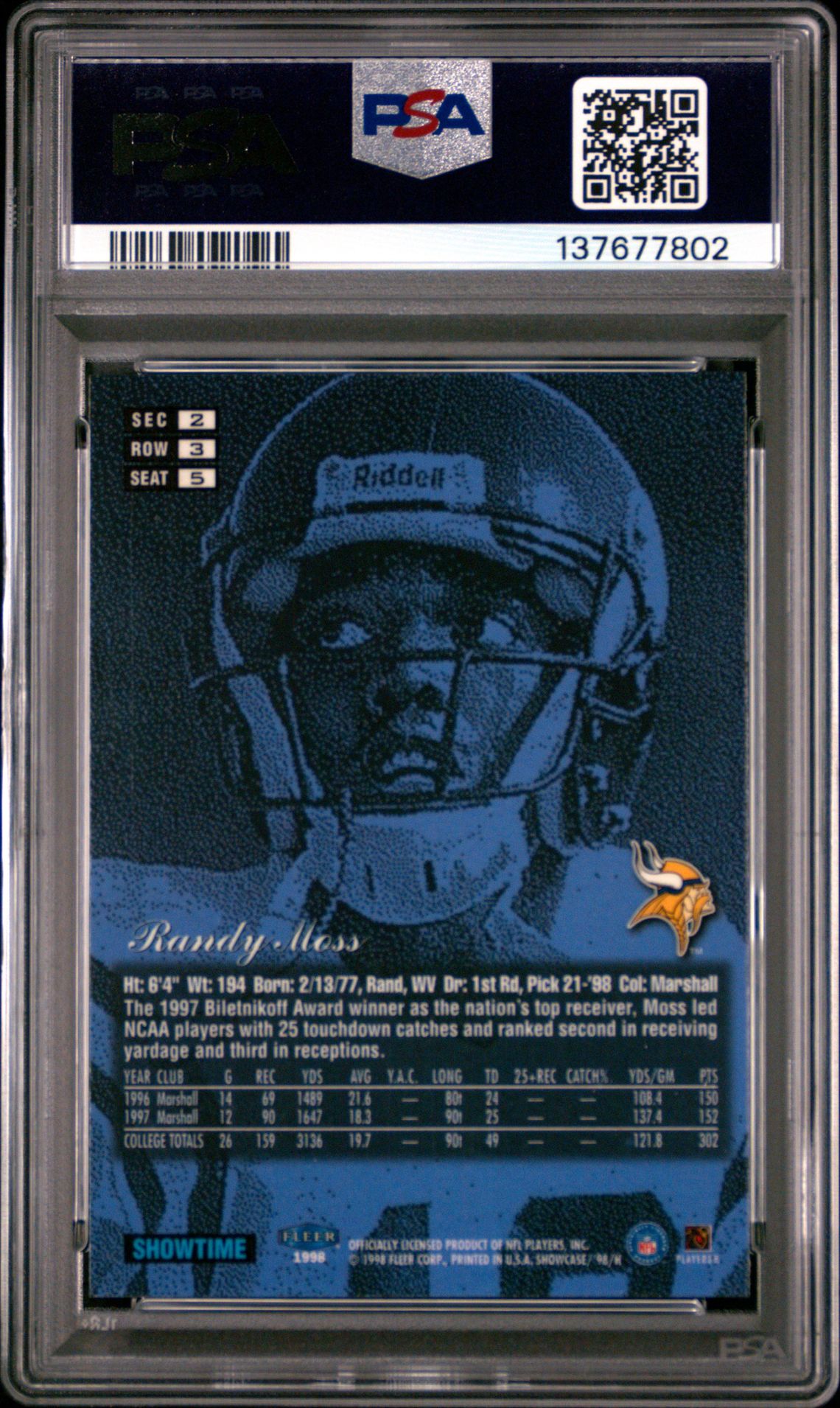 1998 Flair Showcase Randy Moss #5 (Row 3) Nm-Mt 8 back