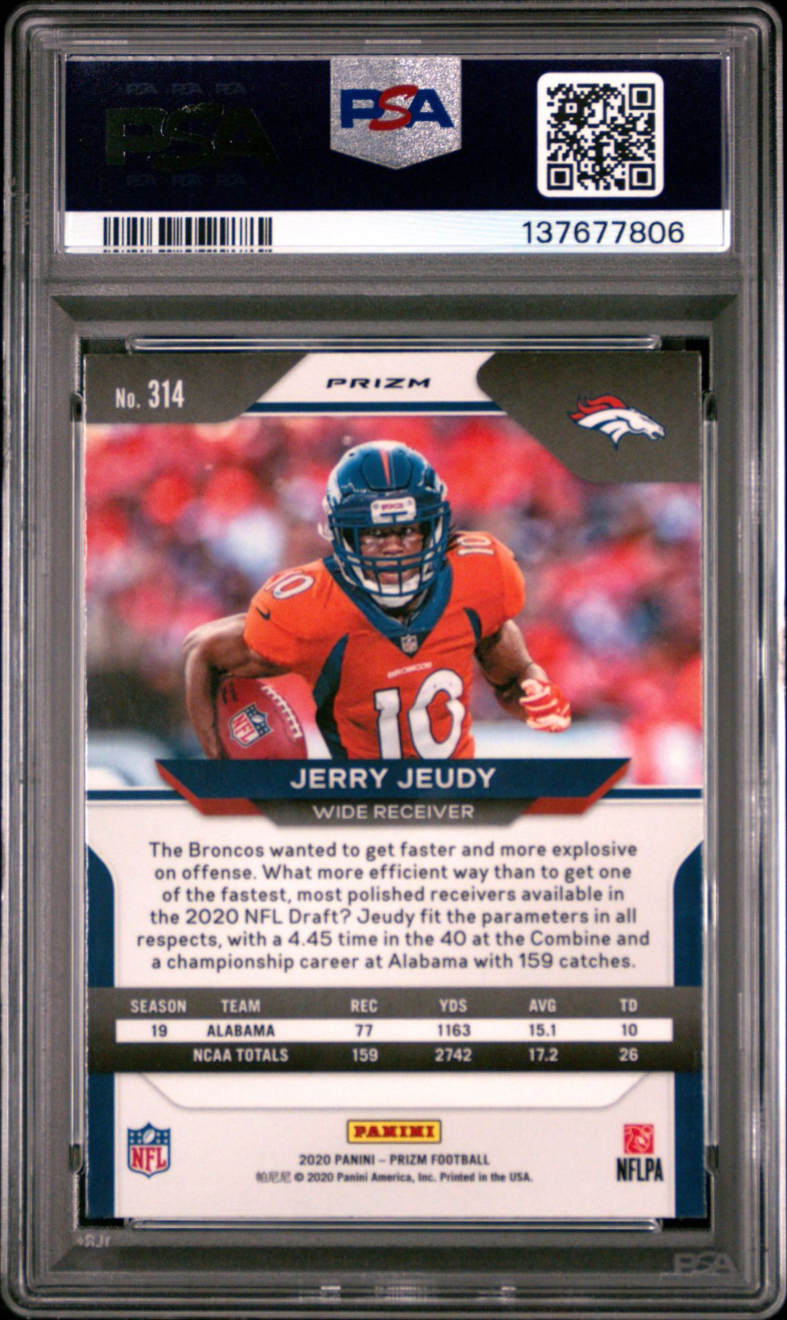 2020 Panini Prizm Jerry Jeudy #314 (Disco Prizm) Gem Mt 10 back view - PSA certificate #137677806