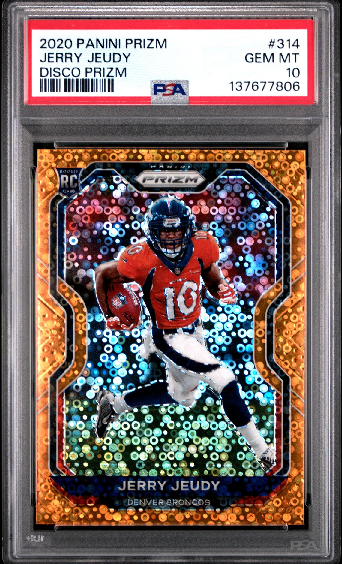 2020 Panini Prizm Jerry Jeudy #314 (Disco Prizm) Gem Mt 10 front view - PSA graded GEM MT 10