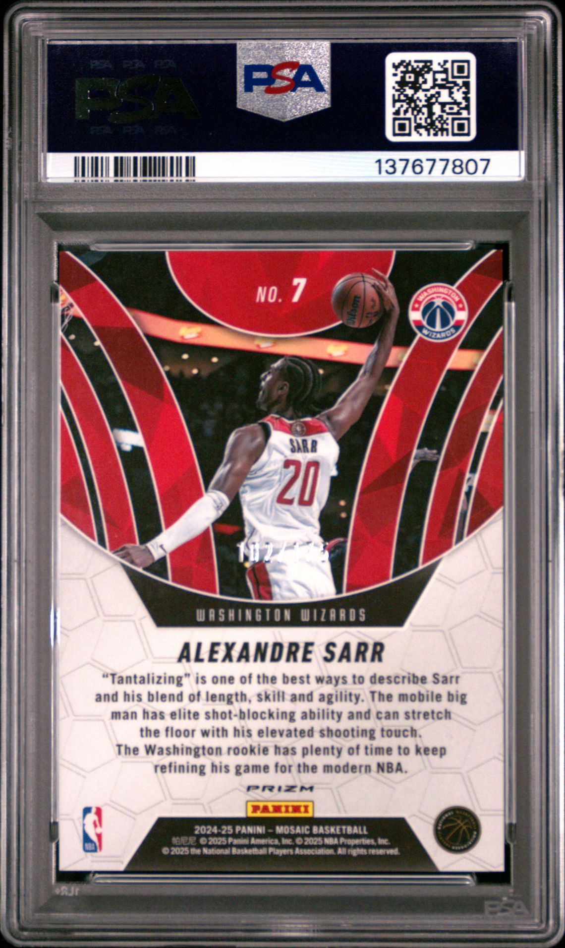 2024 Panini Mosaic Elevate Alexandre Sarr #7 (Elevate-Purple Fluorescent) Gem Mt 10 back view - PSA certificate #137677807