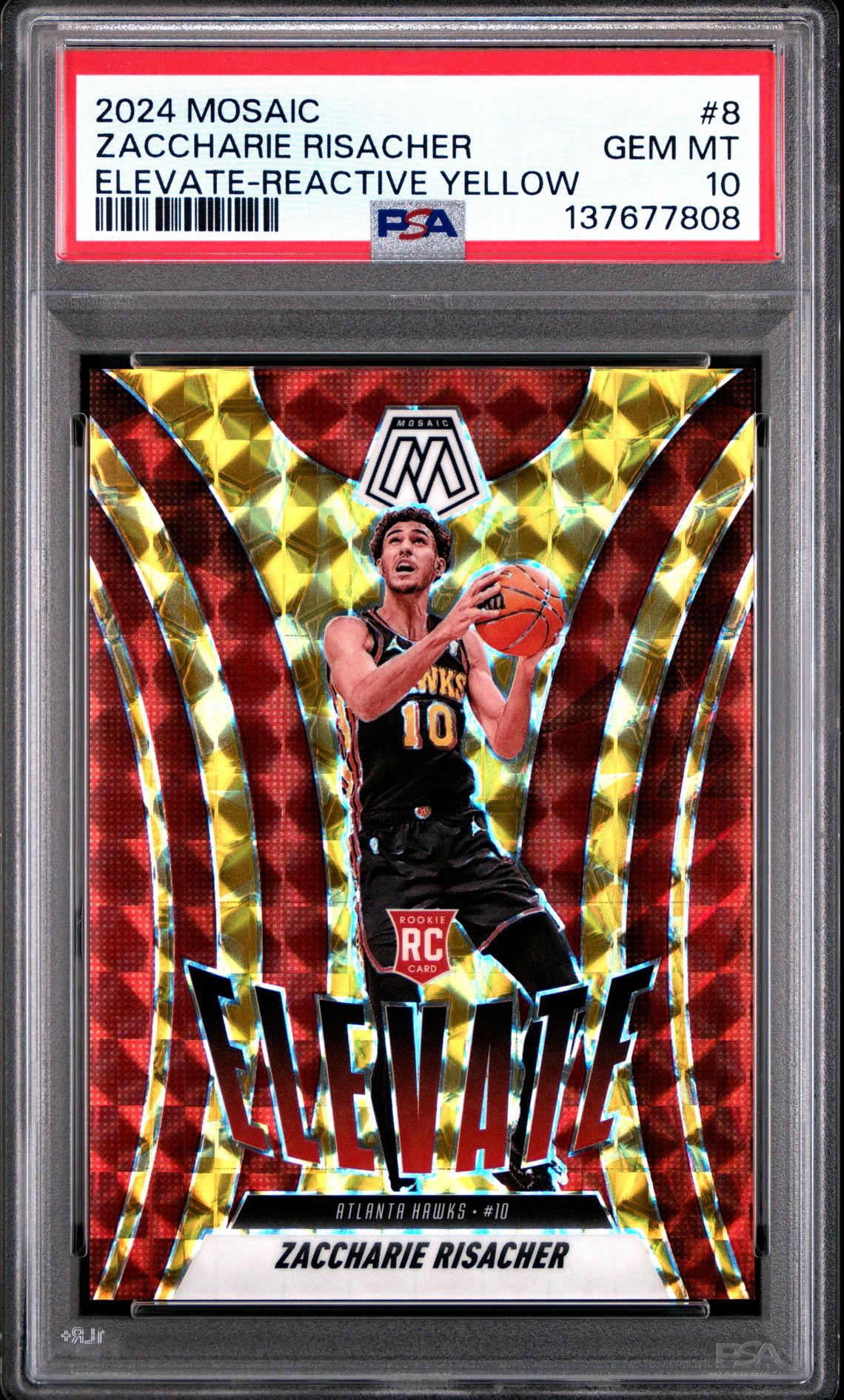 2024 Panini Mosaic Elevate Zaccharie Risacher #8 (Elevate-Reactive Yellow) Gem Mt 10 front view - PSA graded GEM MT 10