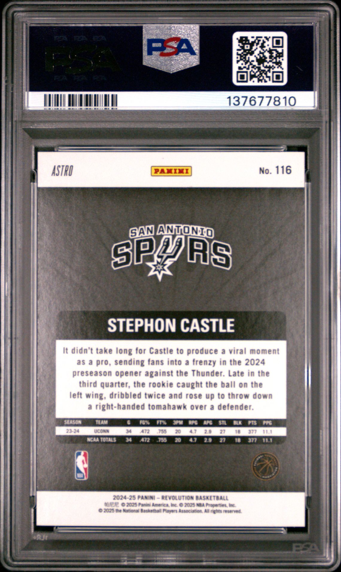 2024 Panini Revolution Stephon Castle #116 (Astro) Gem Mt 10 back view - PSA certificate #137677810