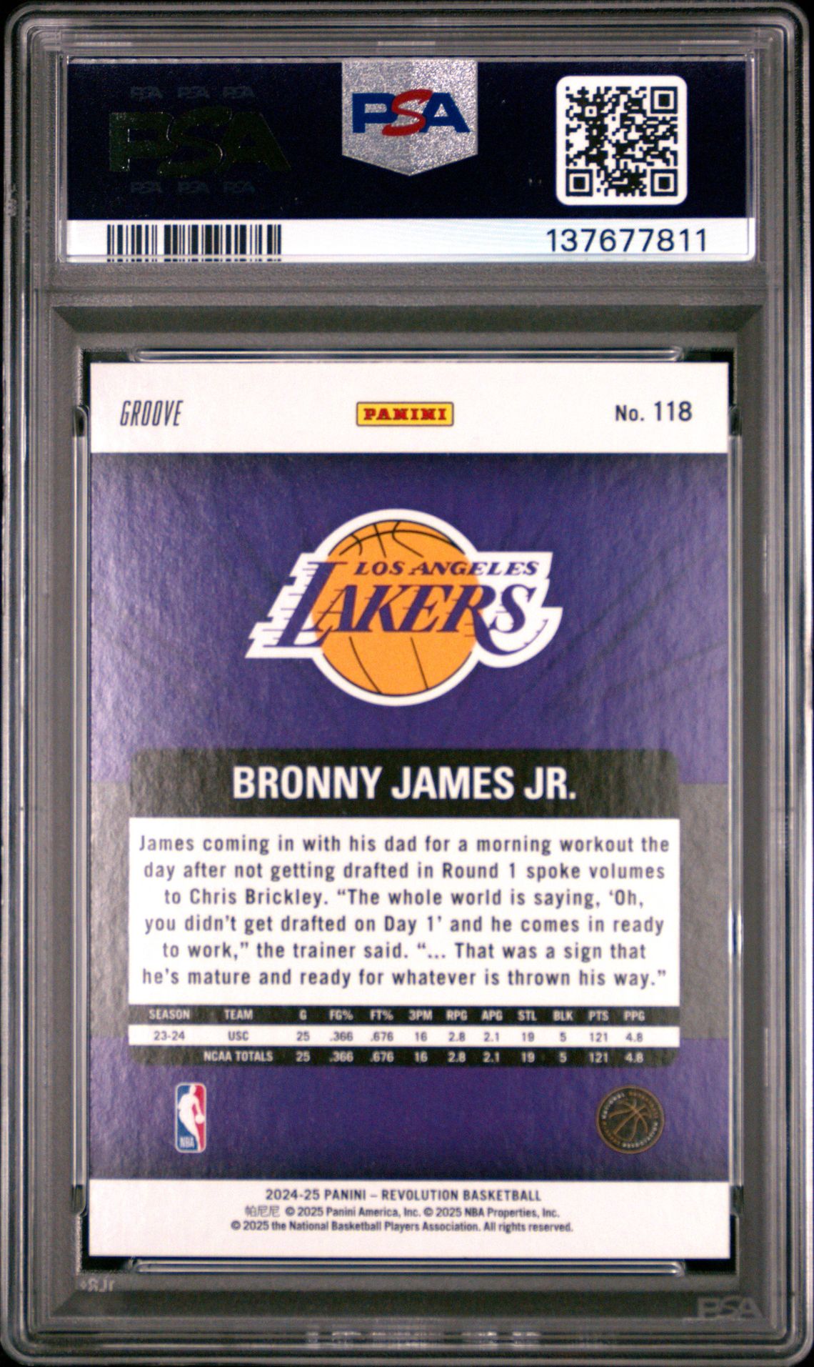 2024 Panini Revolution Bronny James Jr. #118 (Groove) Gem Mt 10 back view - PSA certificate #137677811
