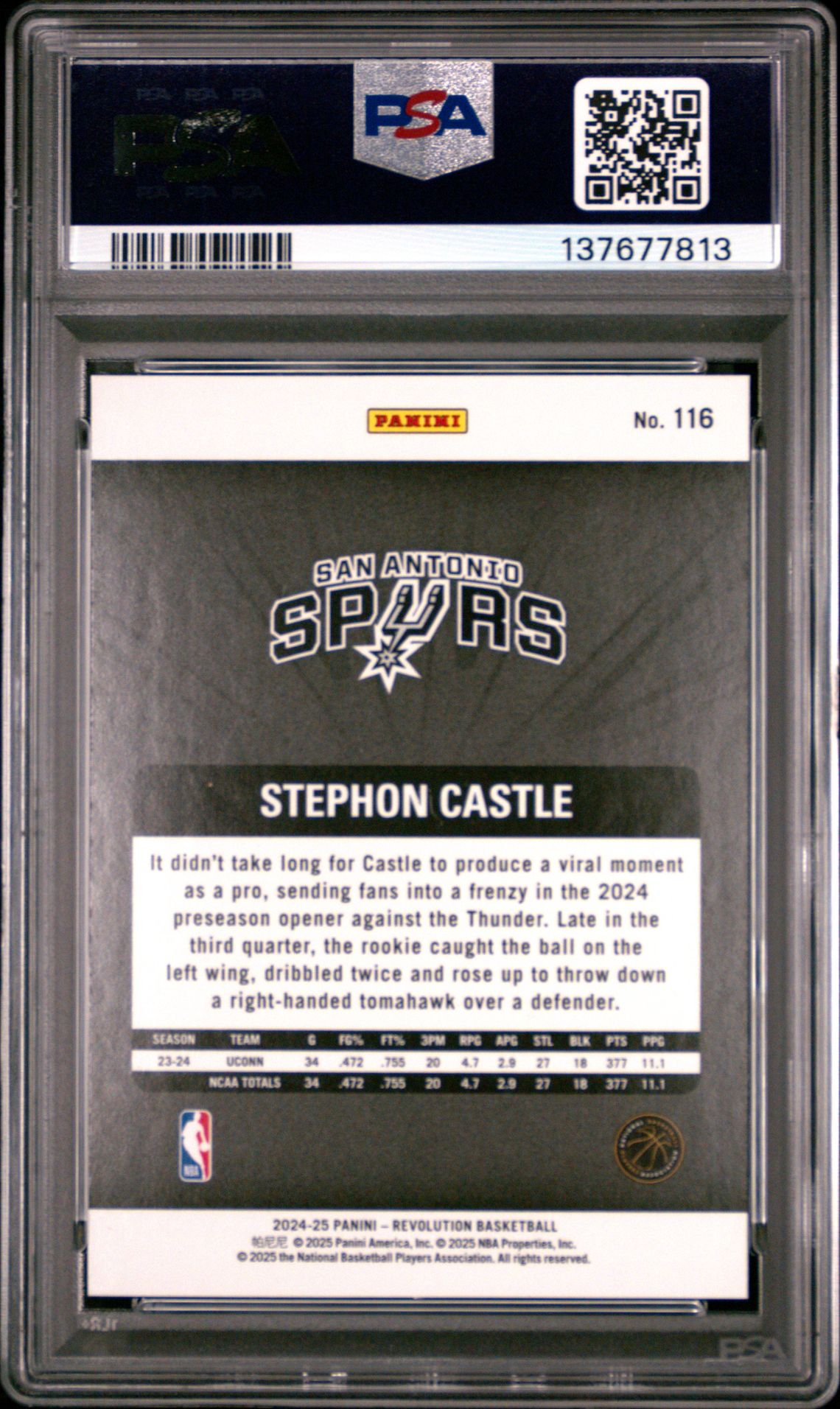 2024 Panini Revolution Stephon Castle #116 Gem Mt 10 back view - PSA certificate #137677813