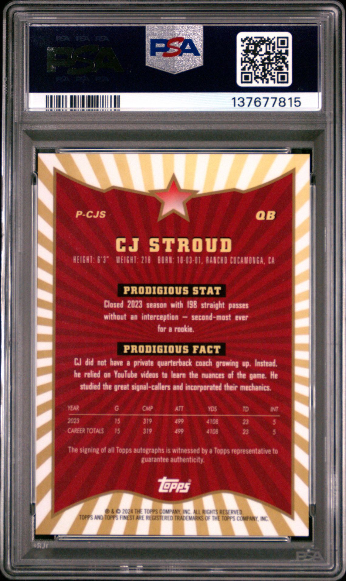2024 Topps Finest Prodigies Autographs Cj Stroud #Pcjs Gem Mt 10 back view - PSA certificate #137677815