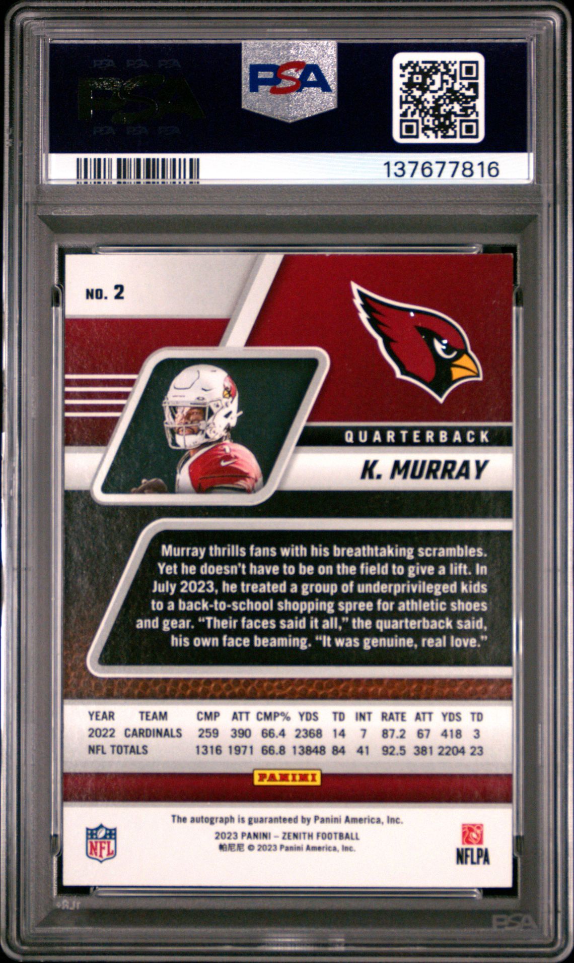 2023 Panini Zenith Kyler Murray #2 (Autograph-No Huddle) Nm-Mt 8 back