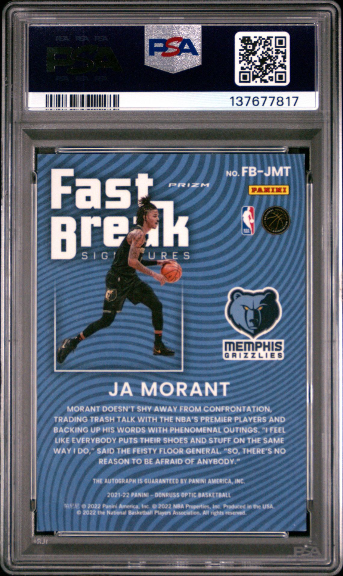 2021 Panini Donruss Optic Fast Break Signatures Ja Morant #Fbjmt (Fast Break Signatures) Mint 9 back