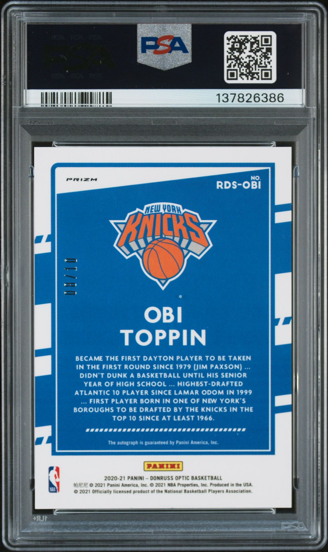 2020 Panini Donruss Optic Rookie Dominators Signatures Obi Toppin #Rdsobi (Rk Dominators Sg-Gold) N0: Authentic back