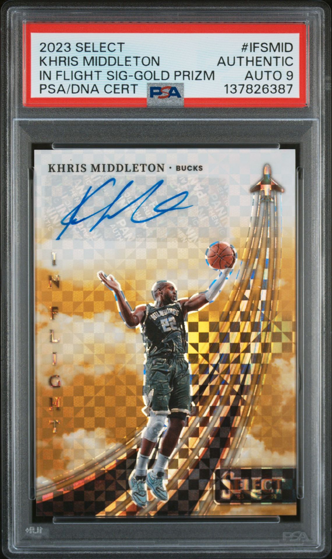 2023 Panini Select In Flight Signatures Khris Middleton #Ifsmid (In Flight Sig-Gold Prizm) N0: Authentic front