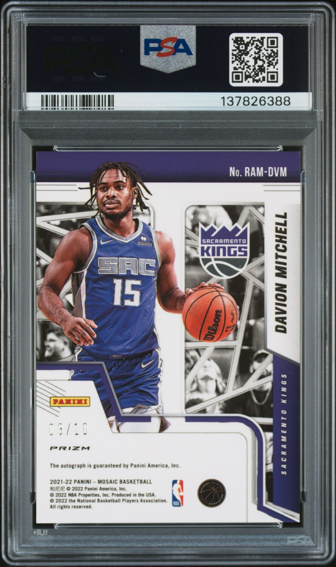 2021 Panini Mosaic Rookie Autographs Mosaic Davion Mitchell #Ramdvm (Rke.auto.mosaic-Gold) N0: Authentic back