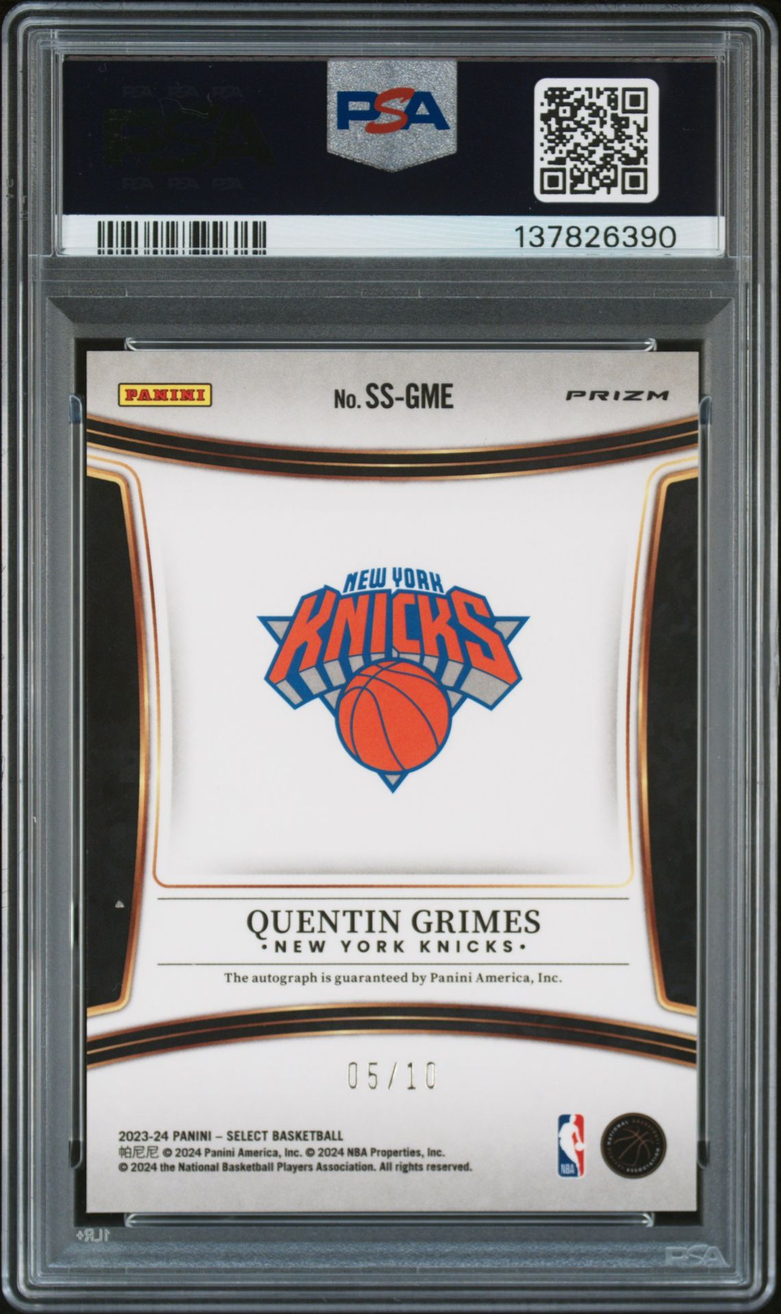 2023 Panini Select Signatures Quentin Grimes #Ssgme (Signature-Gold Prizm) N0: Authentic back