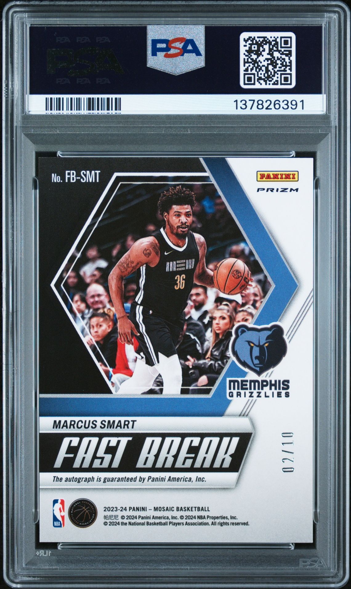2023 Panini Mosaic Fast Break Autographs Marcus Smart #Fbsmt (Fast Break Auto-Gold) N0: Authentic back