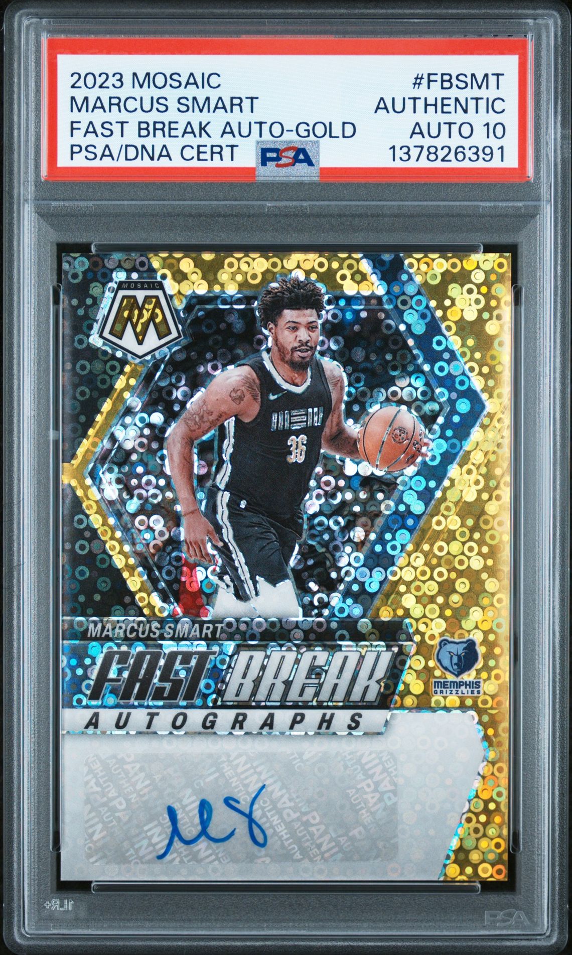 2023 Panini Mosaic Fast Break Autographs Marcus Smart #Fbsmt (Fast Break Auto-Gold) N0: Authentic front