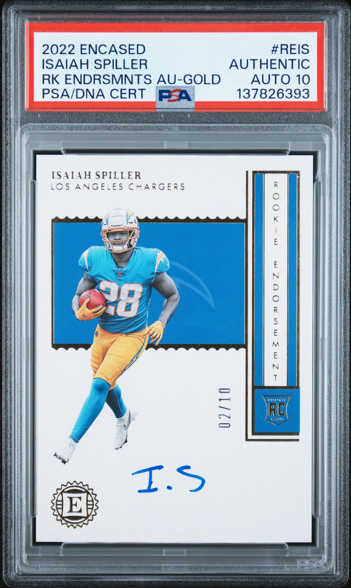 2022 Panini Encased Rookie Endorsements Autographs Isaiah Spiller #Reis (Rk Endrsmnts Au-Gold) N0: Authentic front
