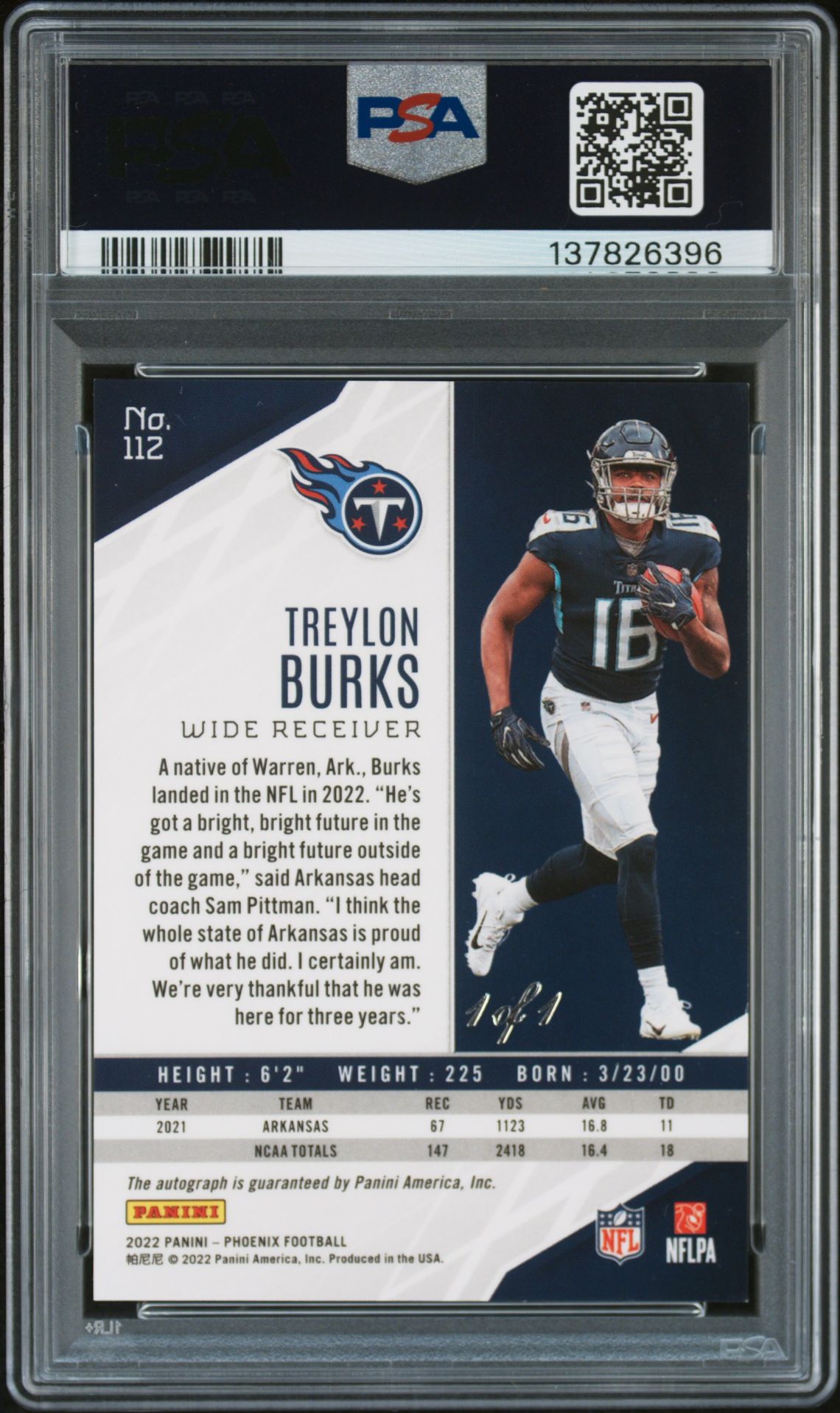 2022 Panini Phoenix Treylon Burks #112 (Autograph-Gold 1/1) N0: Authentic back