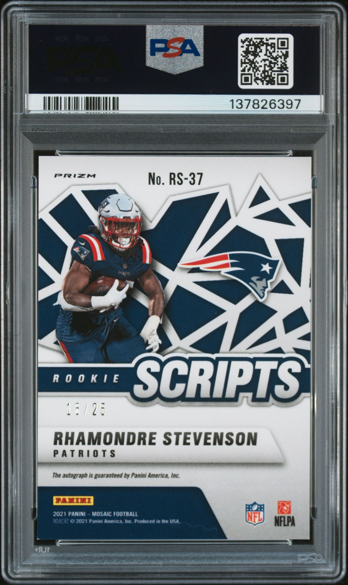 2021 Panini Mosaic Rookie Scripts Rhamondre Stevenson #Rs37 (Rookie Scripts-Gold) N0: Authentic back