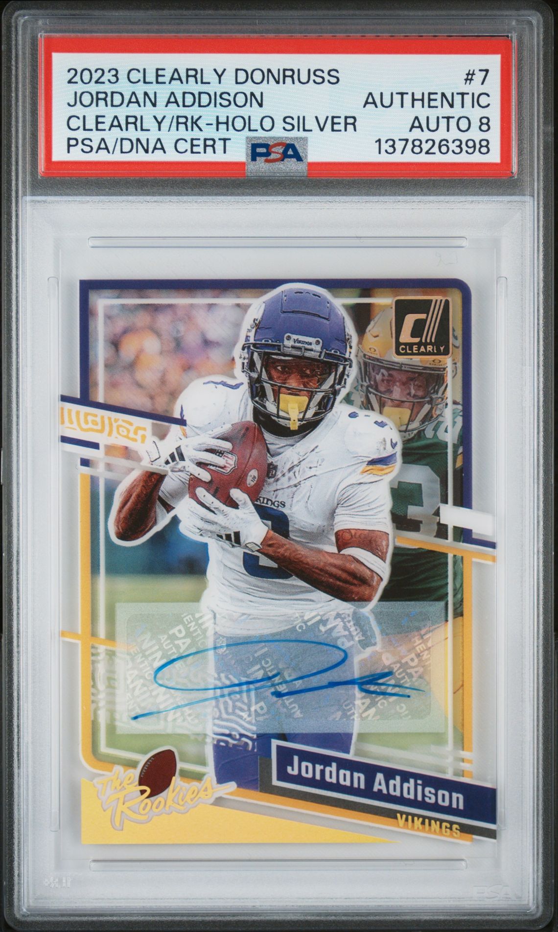 2023 Panini Clearly Donruss Clearly The Rookies Jordan Addison #7 (Clearly/Rk-Holo Silver) N0: Authentic front