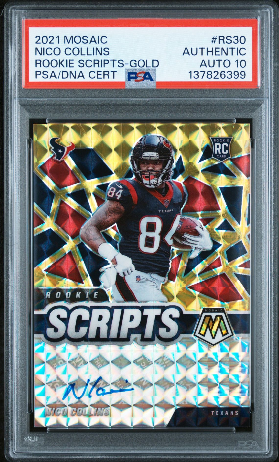 2021 Panini Mosaic Rookie Scripts Nico Collins #Rs30 (Rookie Scripts-Gold) N0: Authentic front