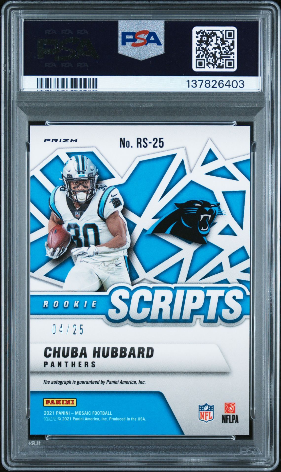 2021 Panini Mosaic Rookie Scripts Chuba Hubbard #Rs25 (Rookie Scripts-Gold) N0: Authentic back