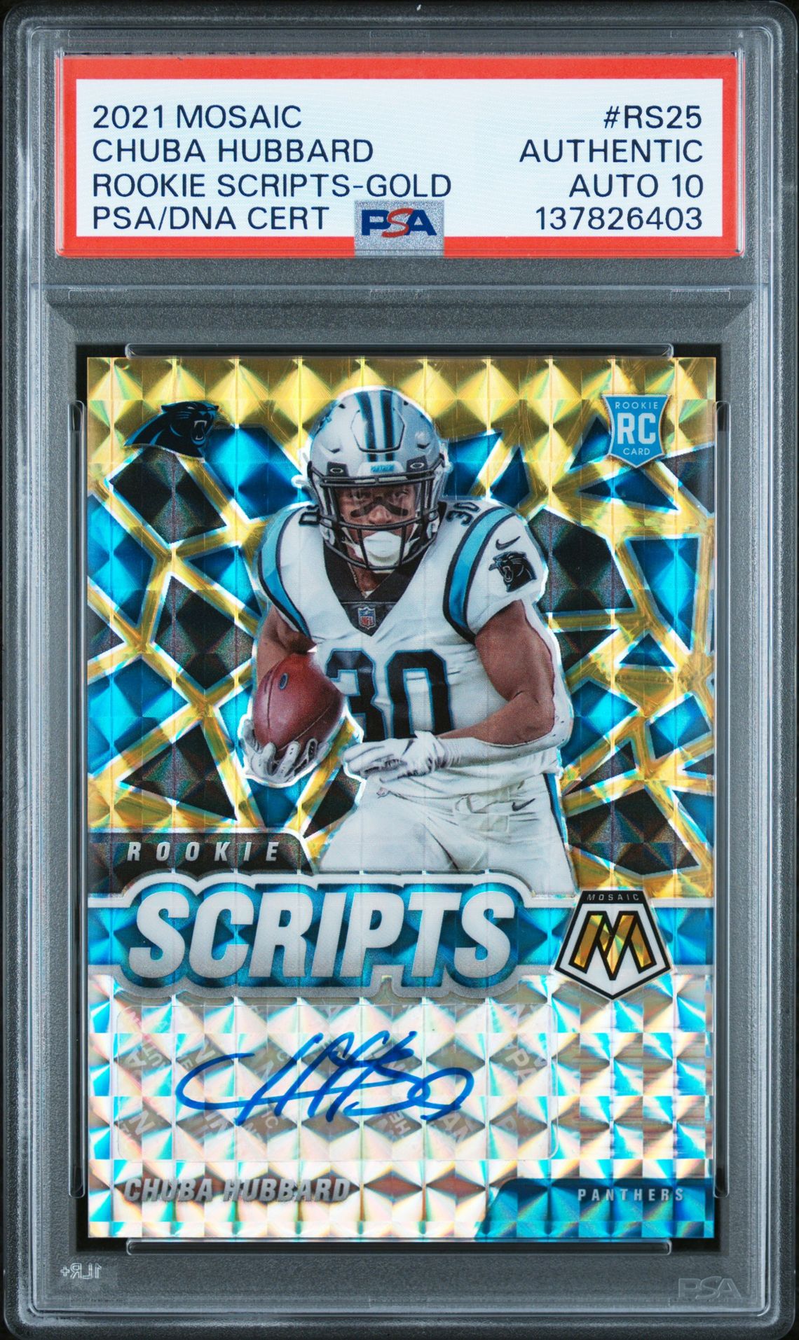 2021 Panini Mosaic Rookie Scripts Chuba Hubbard #Rs25 (Rookie Scripts-Gold) N0: Authentic front