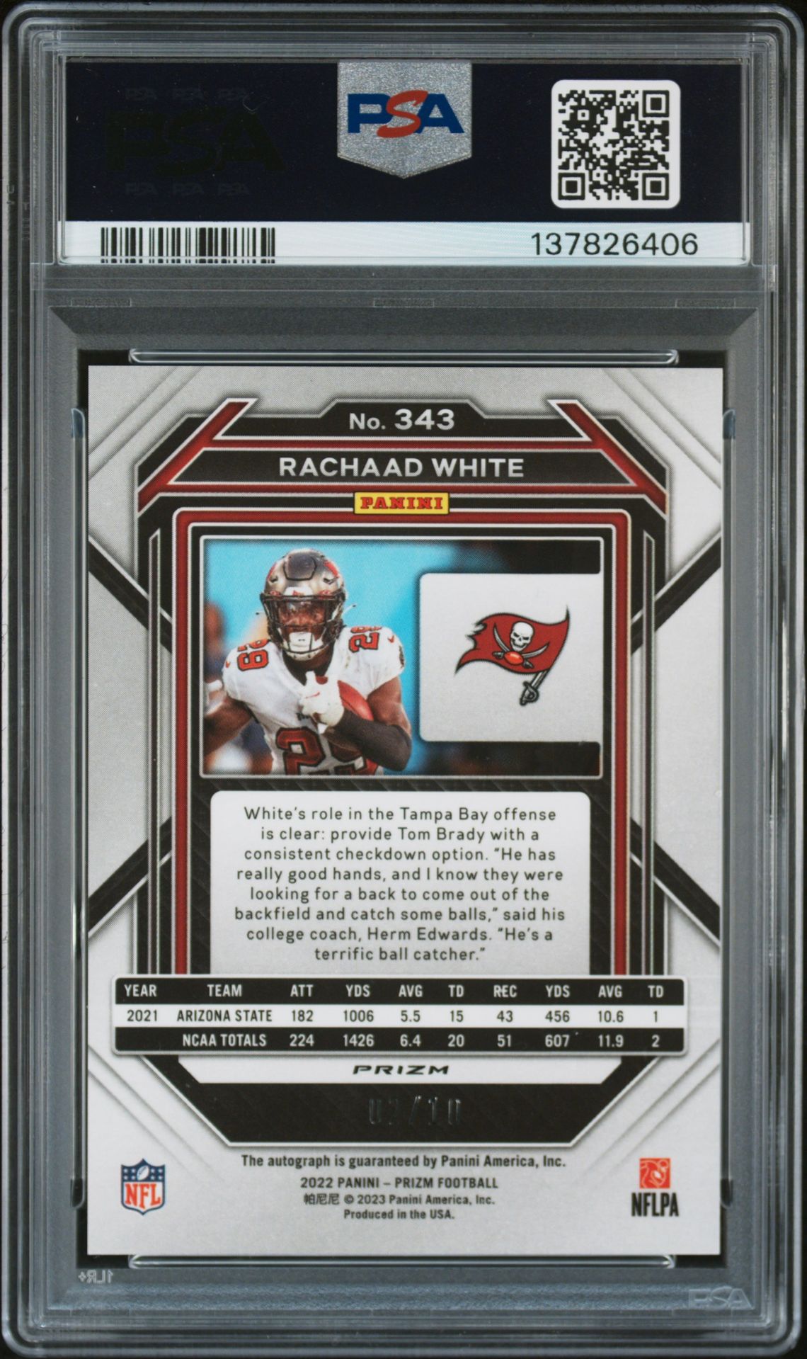 2022 Panini Prizm Rachaad White #343 (Auto-No Huddle Gold) N0: Authentic back