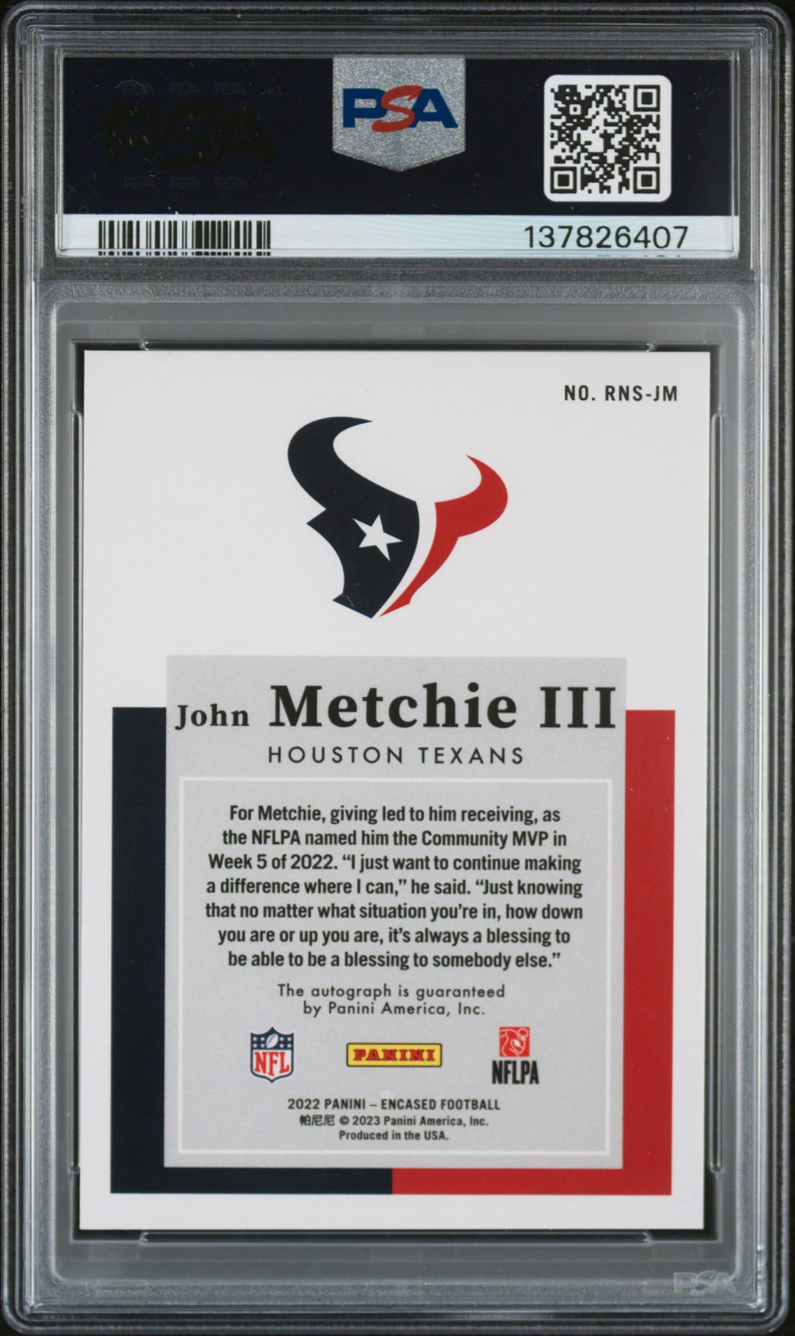 2022 Panini Encased Rookie Notable Signatures John Metchie Iii #Rnsjm (Rookie Notable Sig-Gold) N0: Authentic back