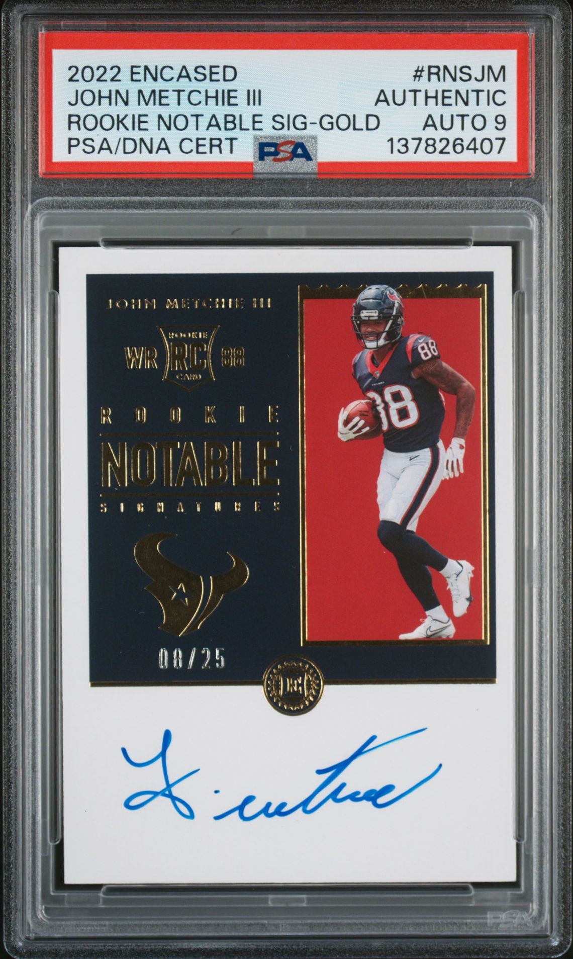 2022 Panini Encased Rookie Notable Signatures John Metchie Iii #Rnsjm (Rookie Notable Sig-Gold) N0: Authentic front