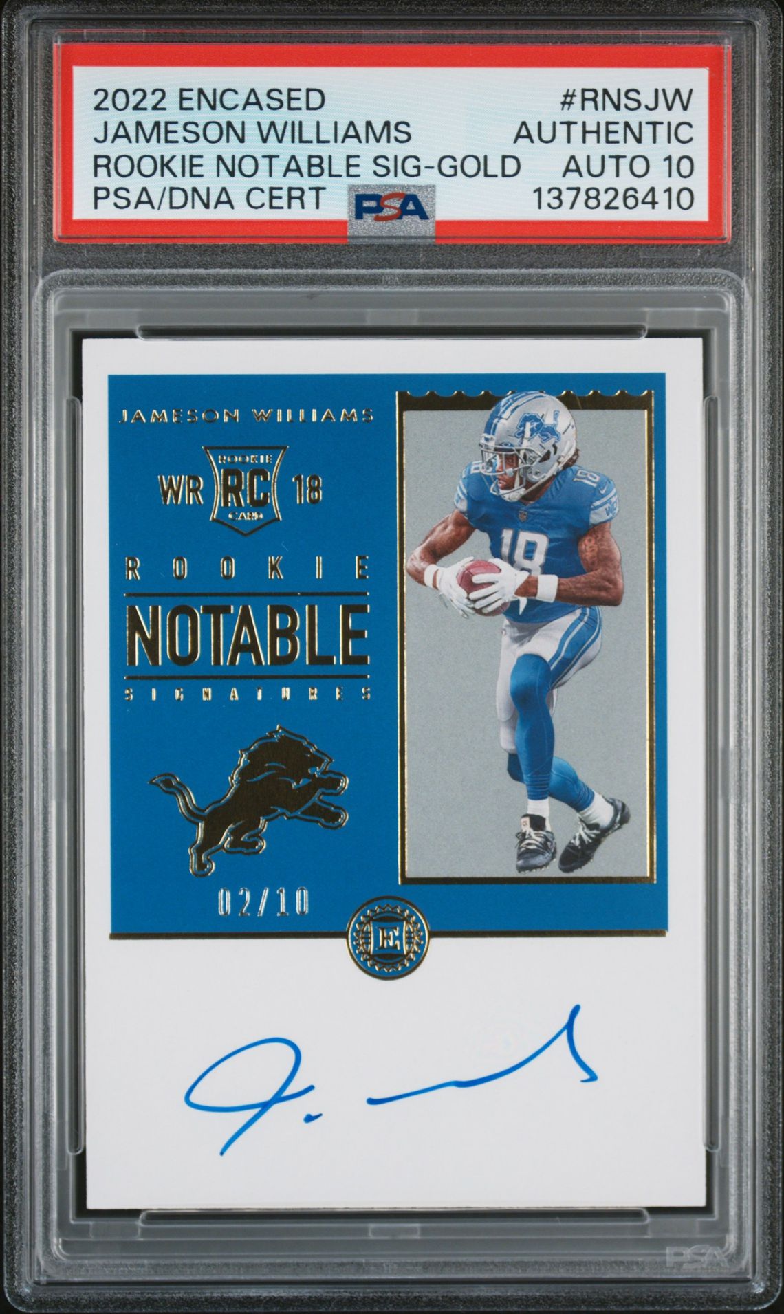 2022 Panini Encased Rookie Notable Signatures Jameson Williams #Rnsjw (Rookie Notable Sig-Gold) N0: Authentic front