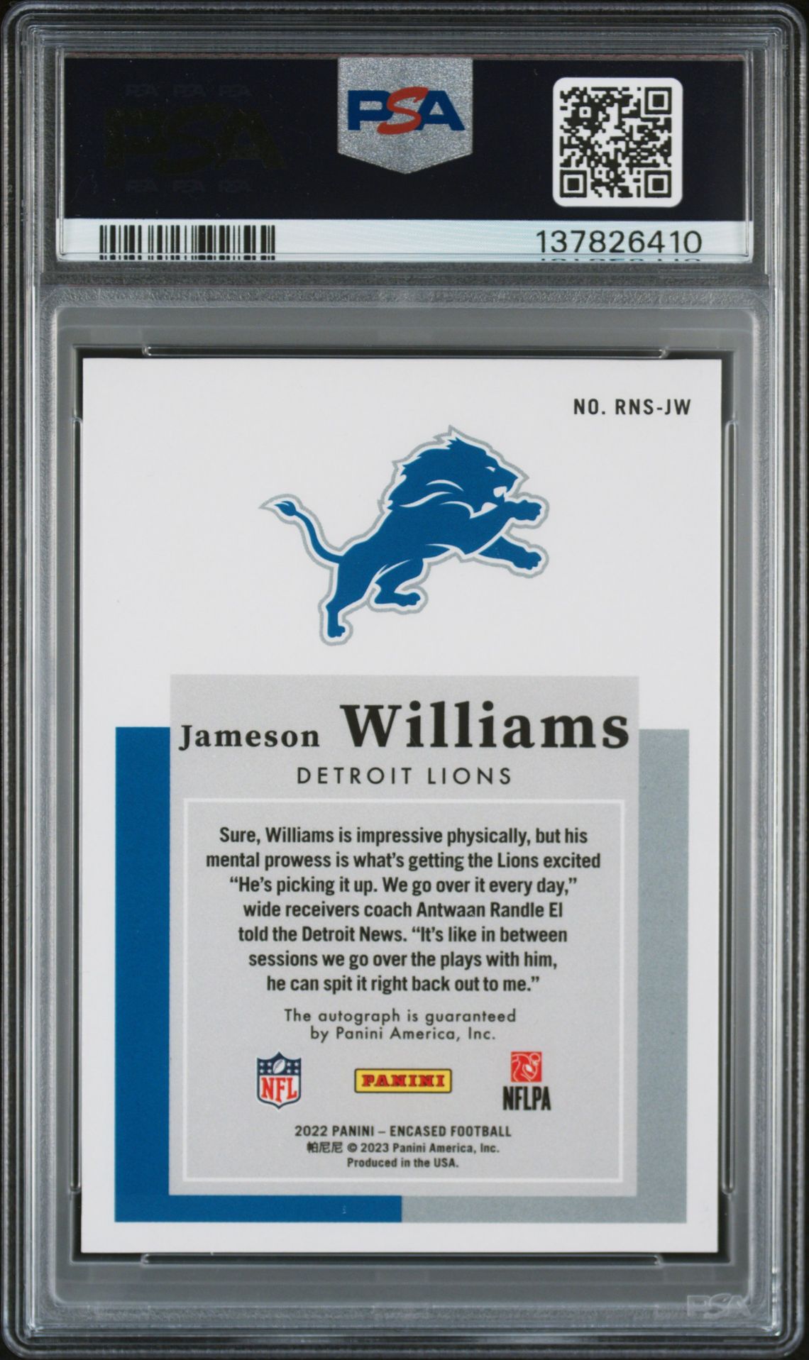 2022 Panini Encased Rookie Notable Signatures Jameson Williams #Rnsjw (Rookie Notable Sig-Gold) N0: Authentic back