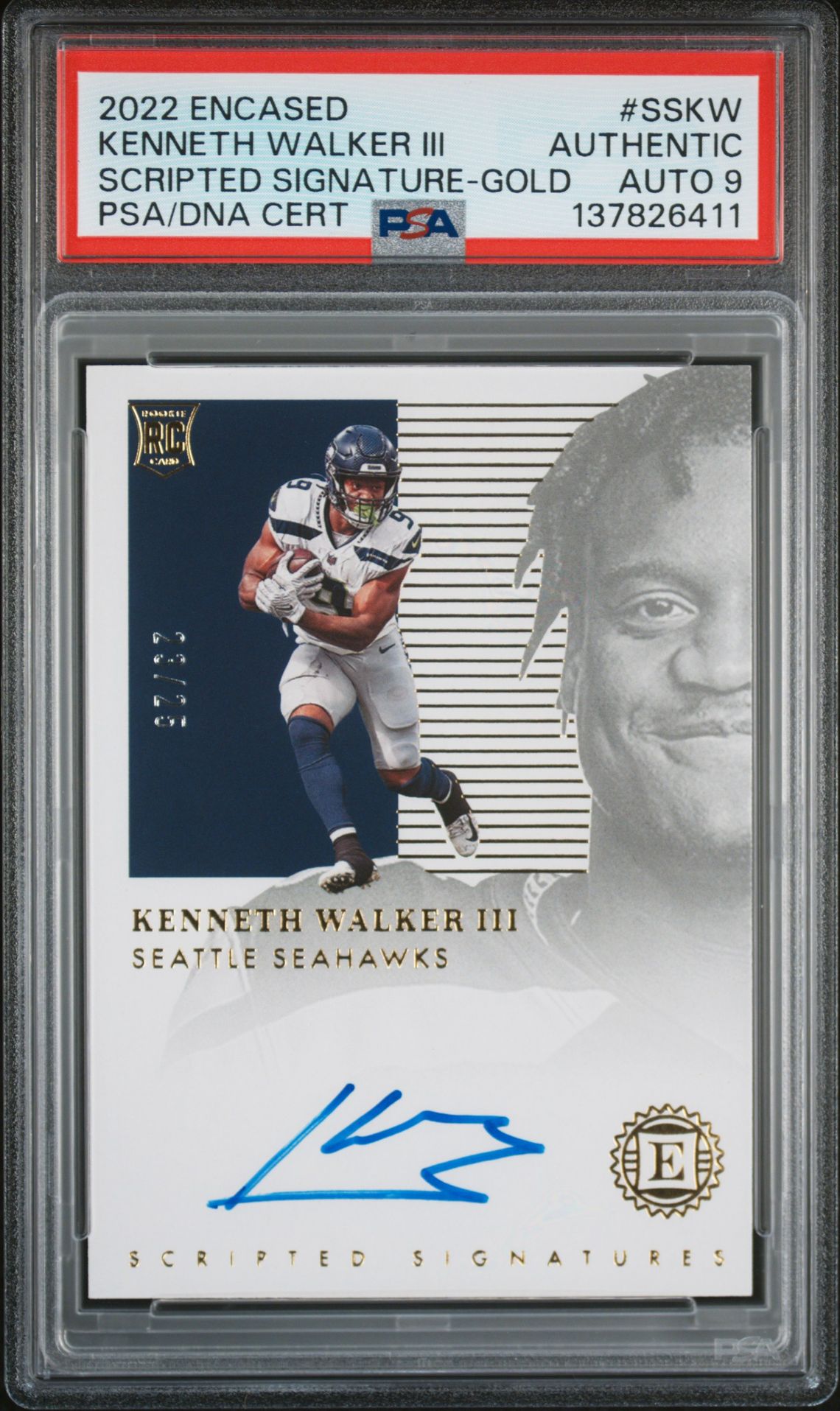 2022 Panini Encased Scripted Signatures Kenneth Walker Iii #Sskw (Scripted Signature-Gold) N0: Authentic front