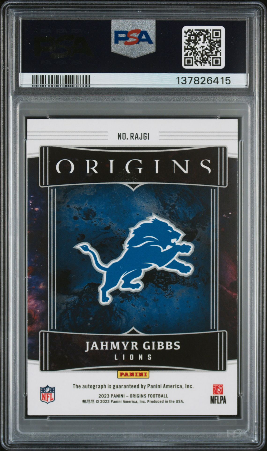 2023 Panini Origins Origins Autographs Jahmyr Gibbs #Rajgi (Autograph-Gold Ink) N0: Authentic back