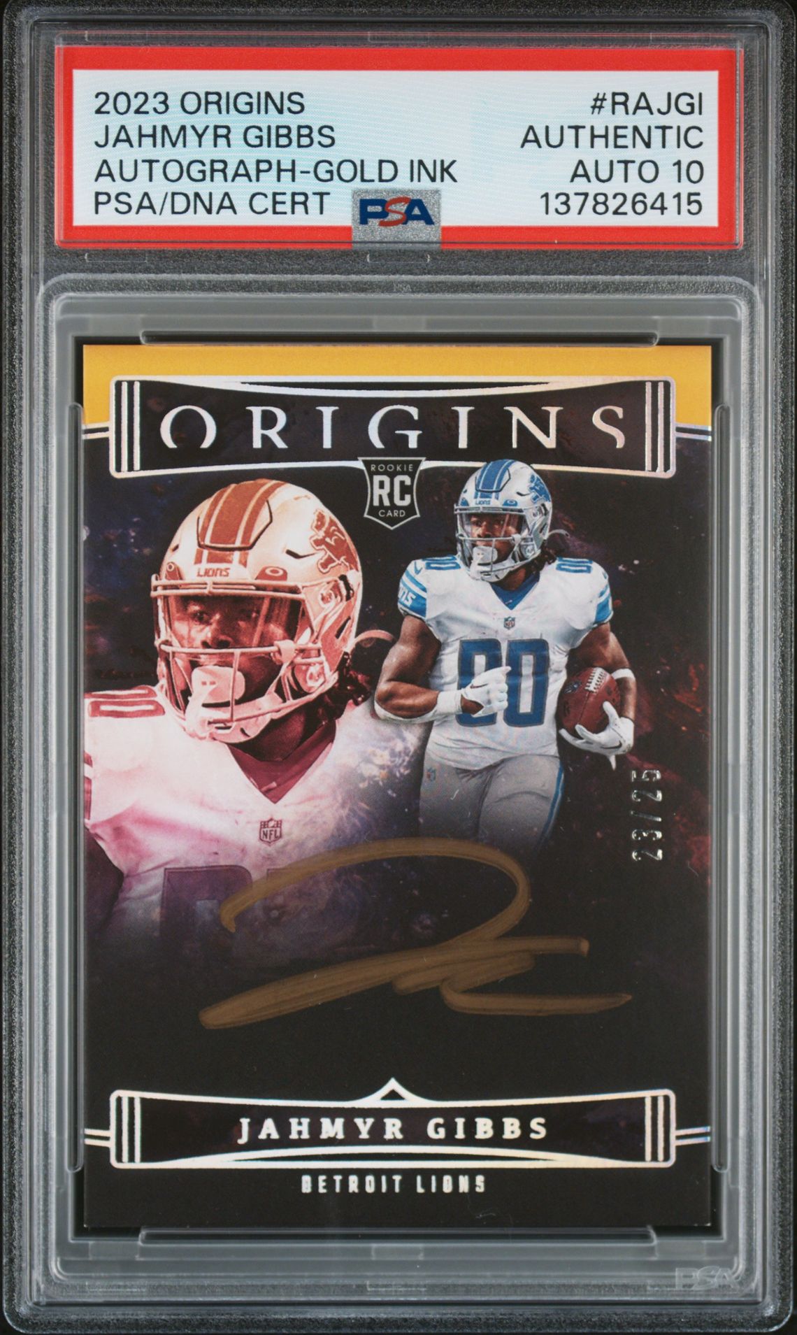 2023 Panini Origins Origins Autographs Jahmyr Gibbs #Rajgi (Autograph-Gold Ink) N0: Authentic front