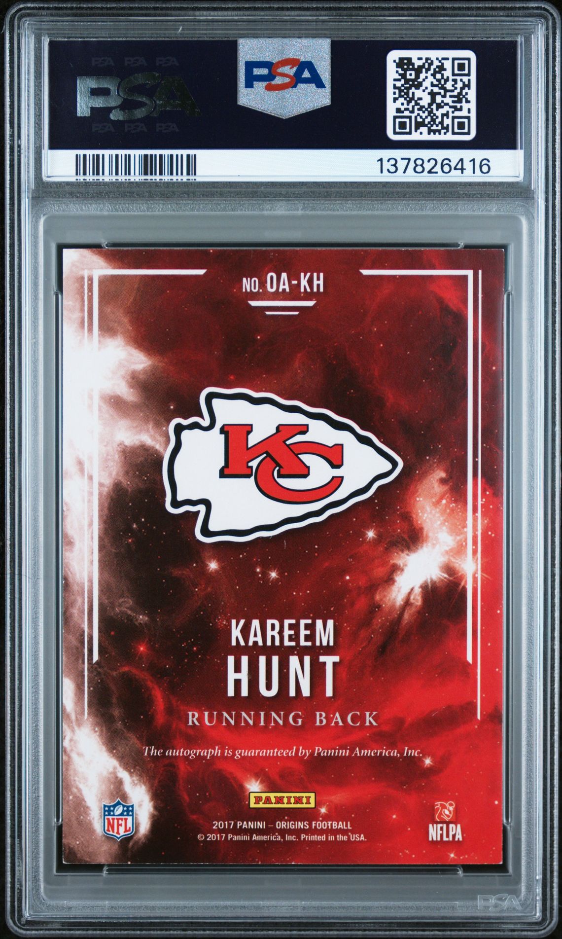 2017 Panini Origins Origins Autographs Kareem Hunt #Oakh (Origins Auto-Gold Ink) N0: Authentic back