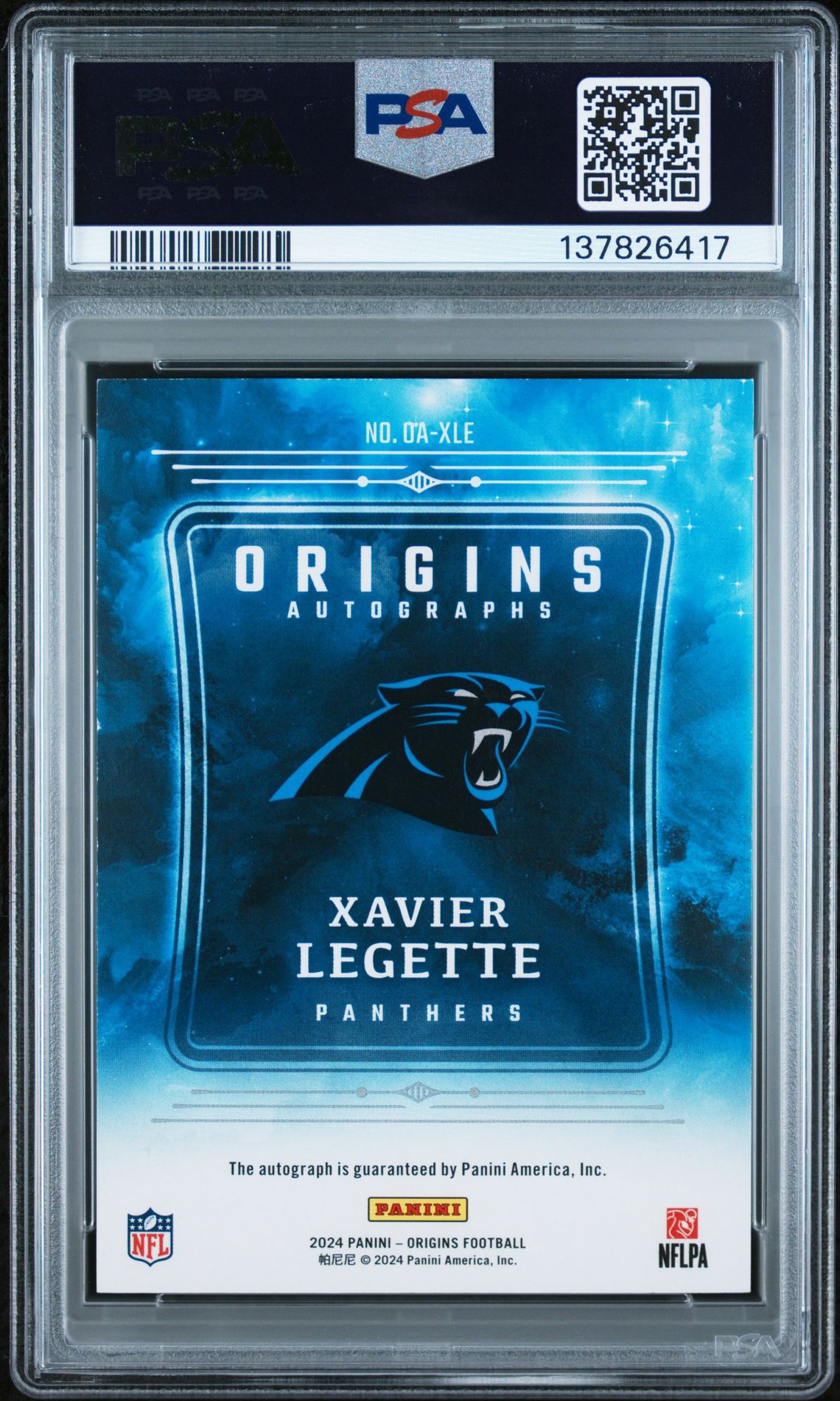 2024 Panini Origins Origins Autographs Xavier Legette #Oaxle (Origins Auto-Gold Ink) N0: Authentic back