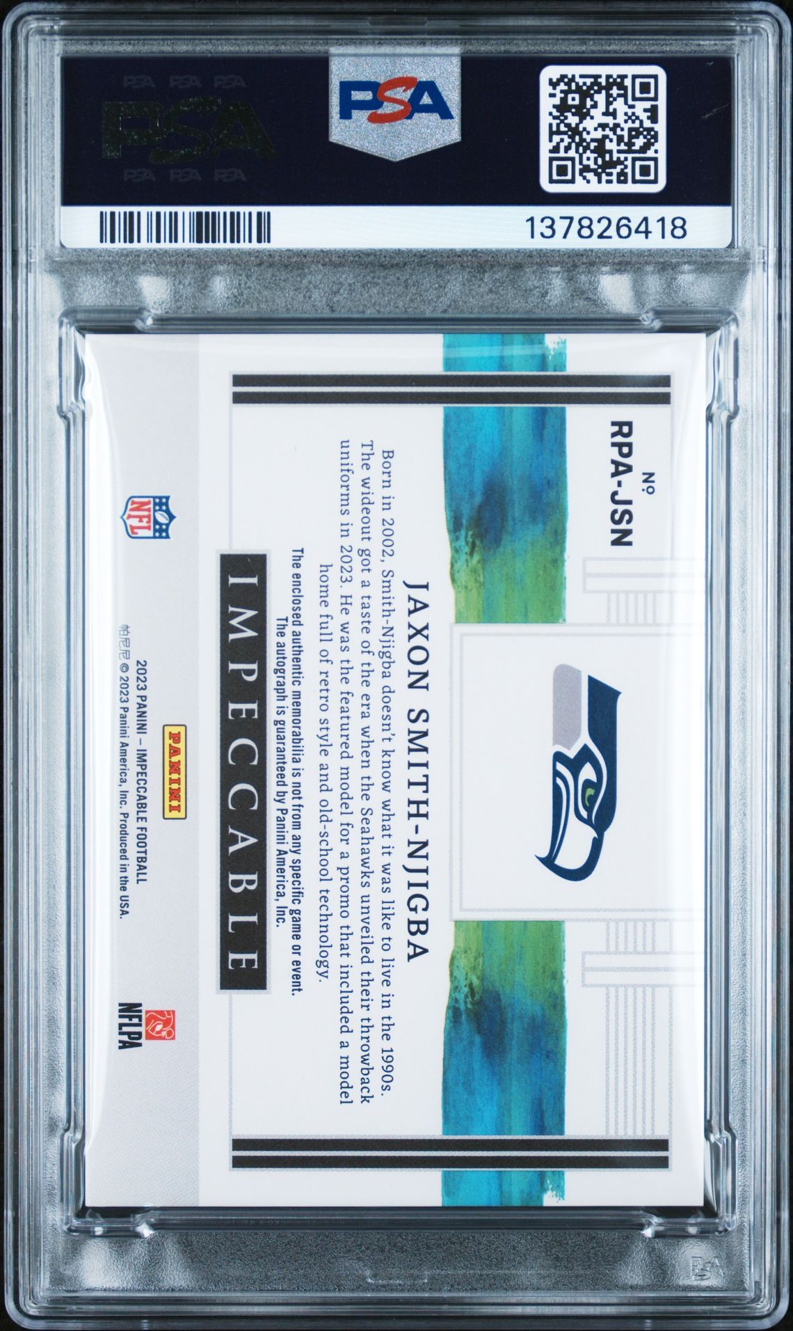 2023 Panini Impeccable Rookie Patch Autographs Jaxon Smith-Njigba #Rpajsn (Rookie Patch Auto-Gold) N0: Authentic back