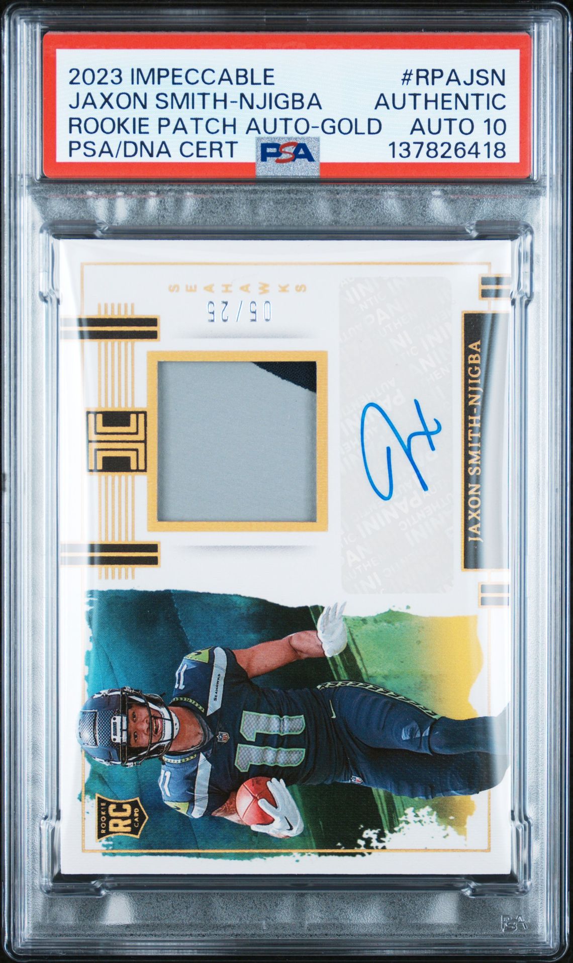2023 Panini Impeccable Rookie Patch Autographs Jaxon Smith-Njigba #Rpajsn (Rookie Patch Auto-Gold) N0: Authentic front
