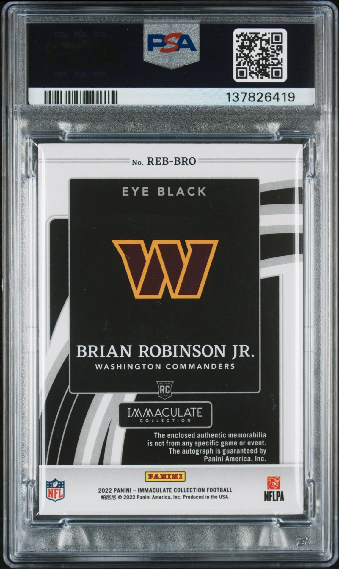 2022 Panini Immaculate Collection Immaculate Rookie Eye Black Jersey Autographs Brian Robinson Jr. #Rebbro (Reb Jersey Auto-Gold) N0: Authentic back