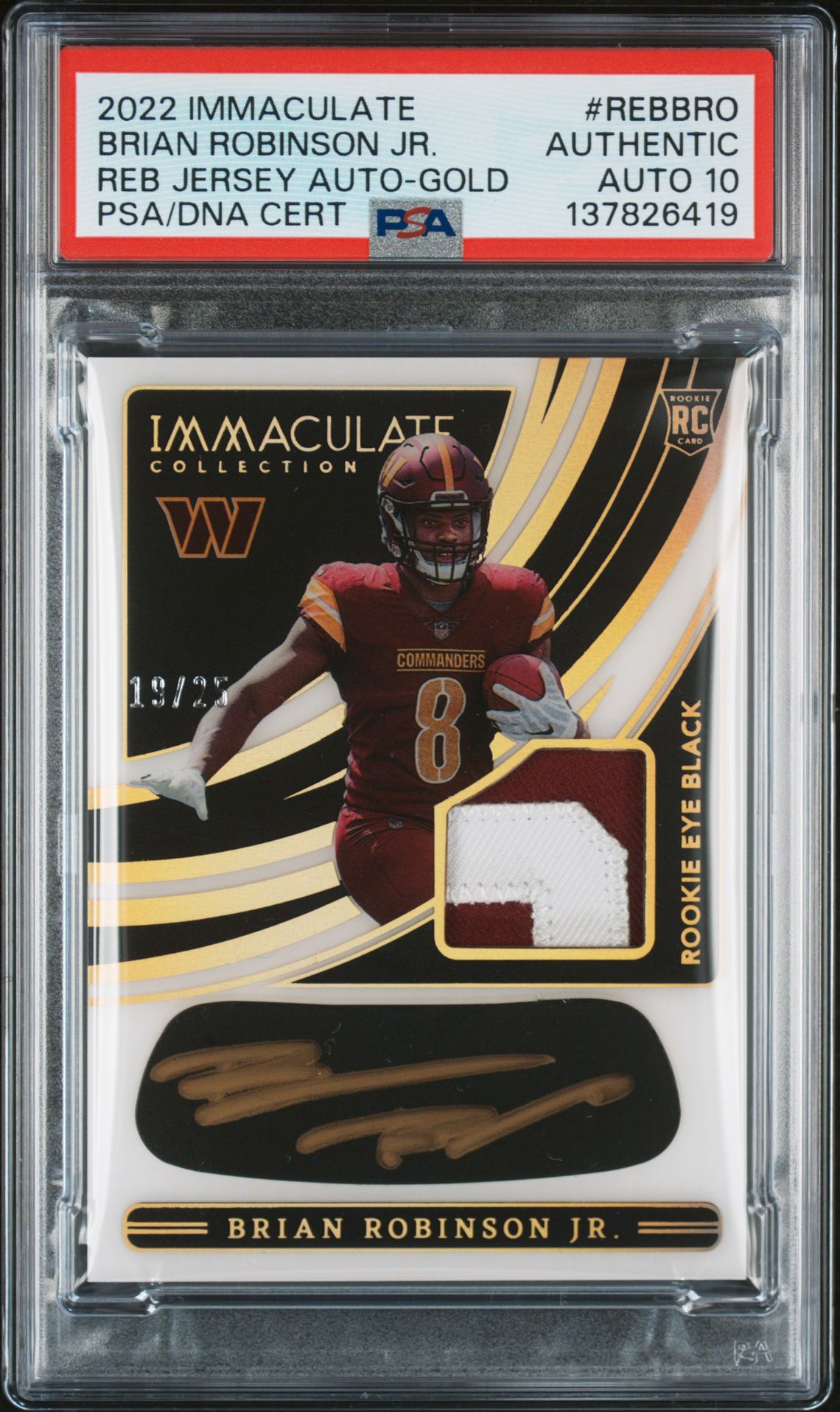 2022 Panini Immaculate Collection Immaculate Rookie Eye Black Jersey Autographs Brian Robinson Jr. #Rebbro (Reb Jersey Auto-Gold) N0: Authentic front